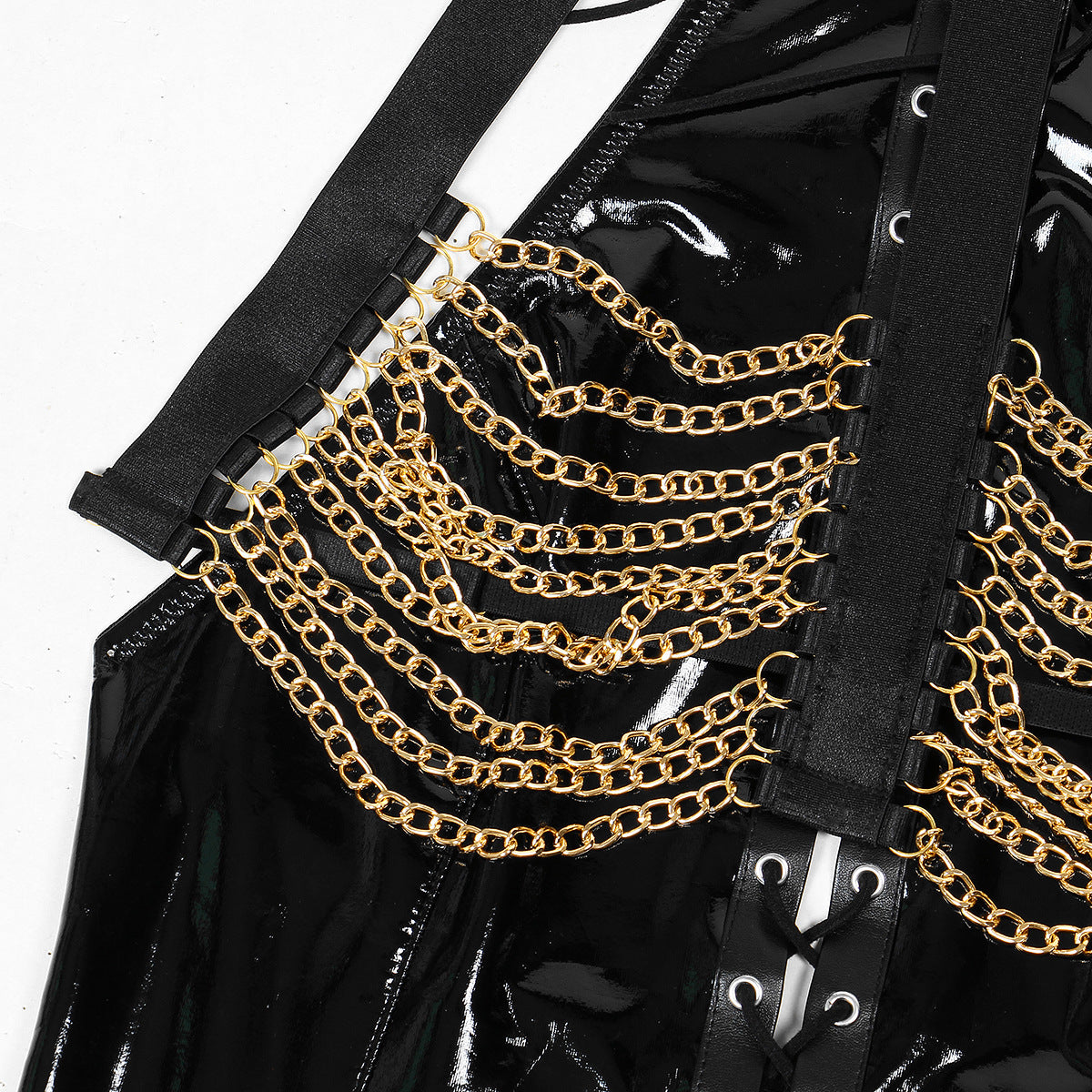 Catena Nera - Lack-Bondage-Bodysuit mit Goldketten