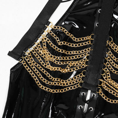 Catena Nera - Lack-Bondage-Bodysuit mit Goldketten