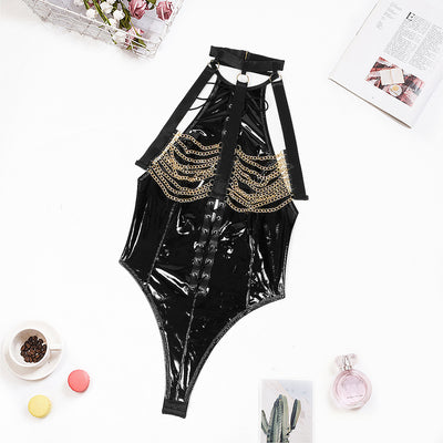 Catena Nera - Lack-Bondage-Bodysuit mit Goldketten