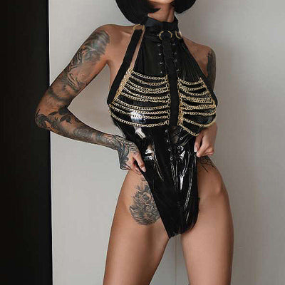 Catena Nera - Lack-Bondage-Bodysuit mit Goldketten