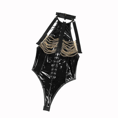 Catena Nera - Lack-Bondage-Bodysuit mit Goldketten